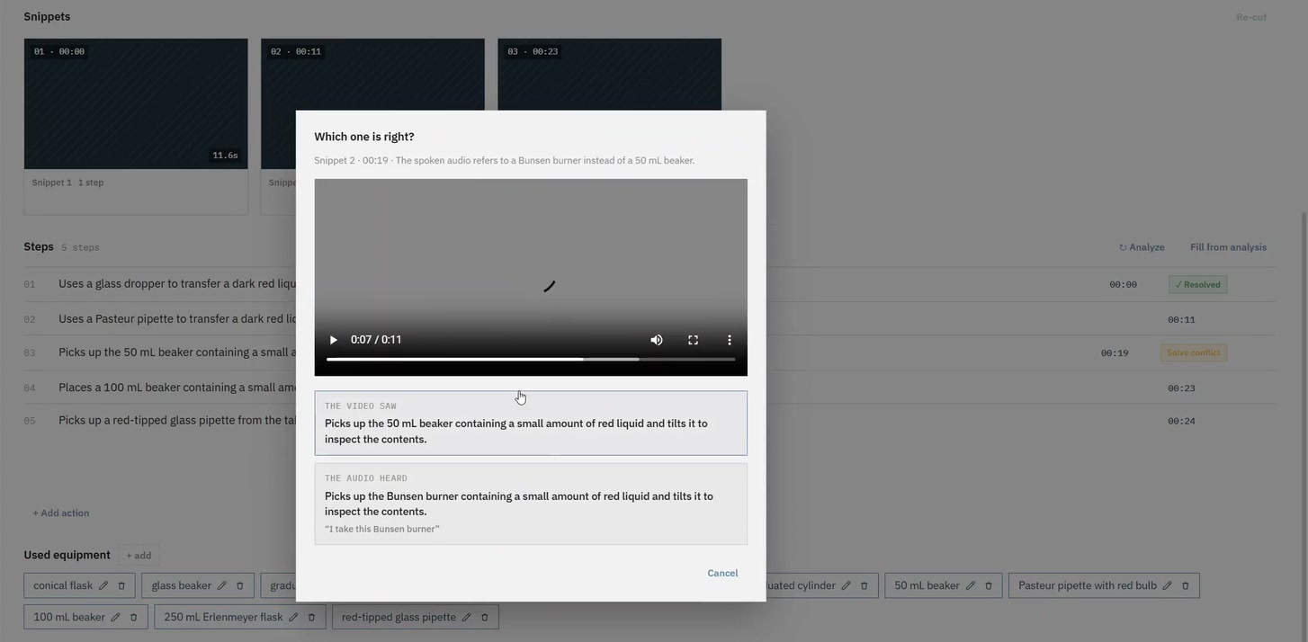 NewSol dialog titled Which one is right: the step the video saw next to the step the audio heard, for the reviewer to choose.