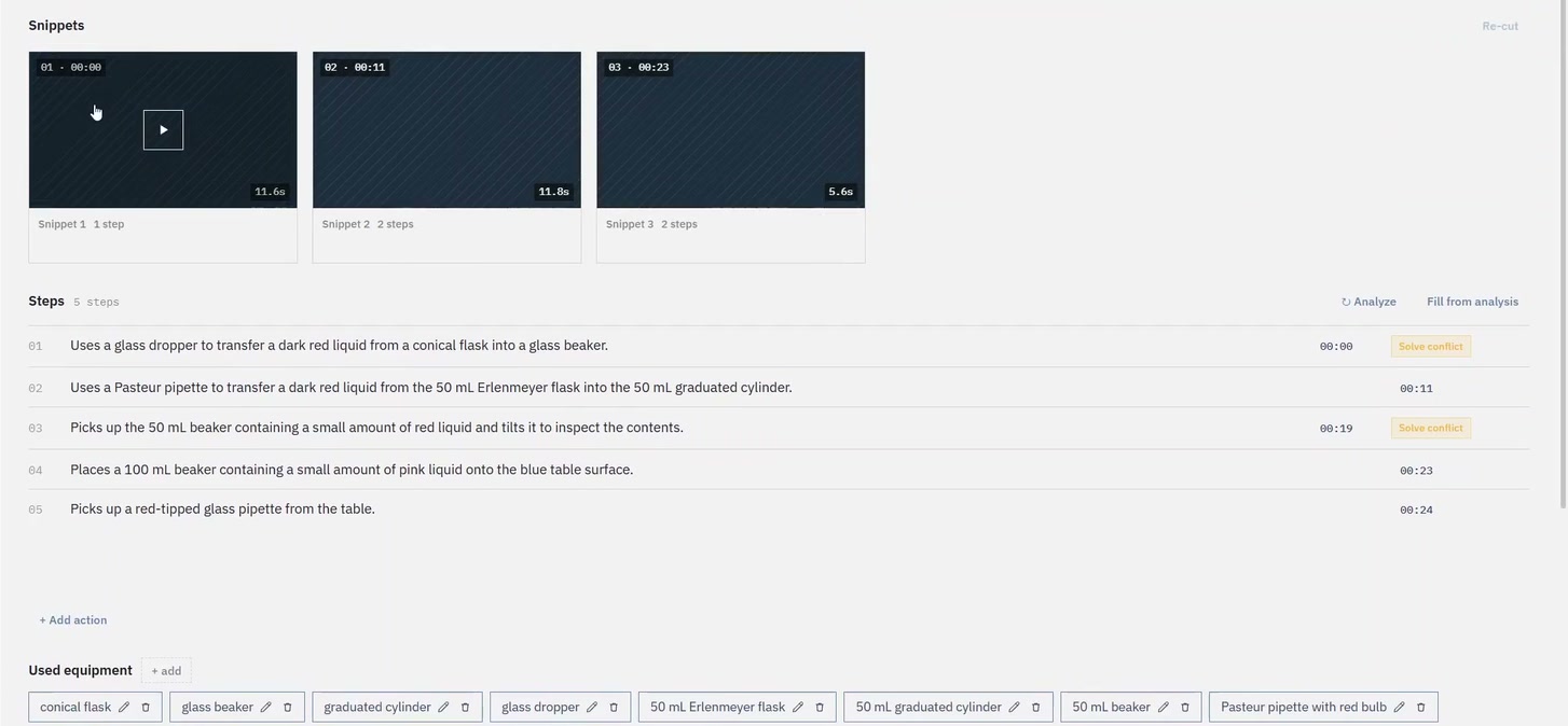 NewSol session view after the capture: three video snippets, five detected protocol steps with timestamps and the list of used equipment.