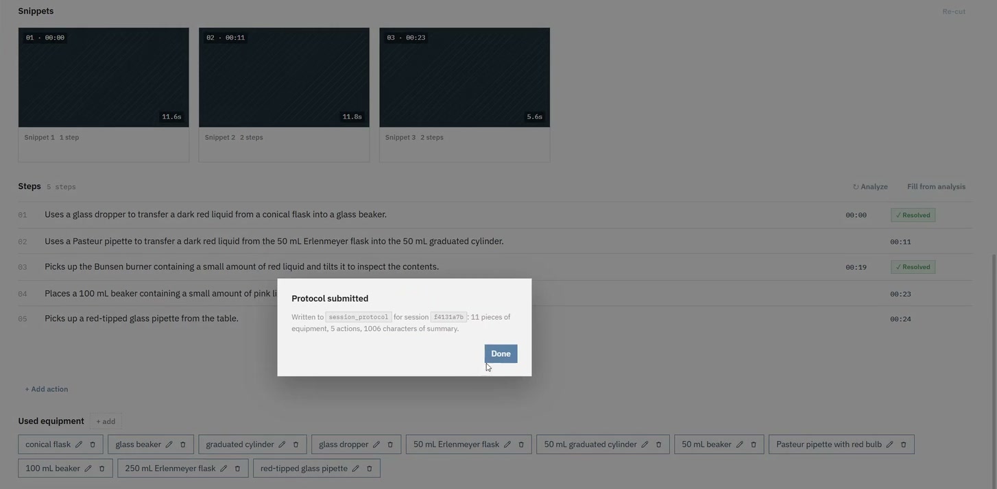 NewSol confirmation dialog: protocol submitted, with the reviewed steps and used equipment behind it.