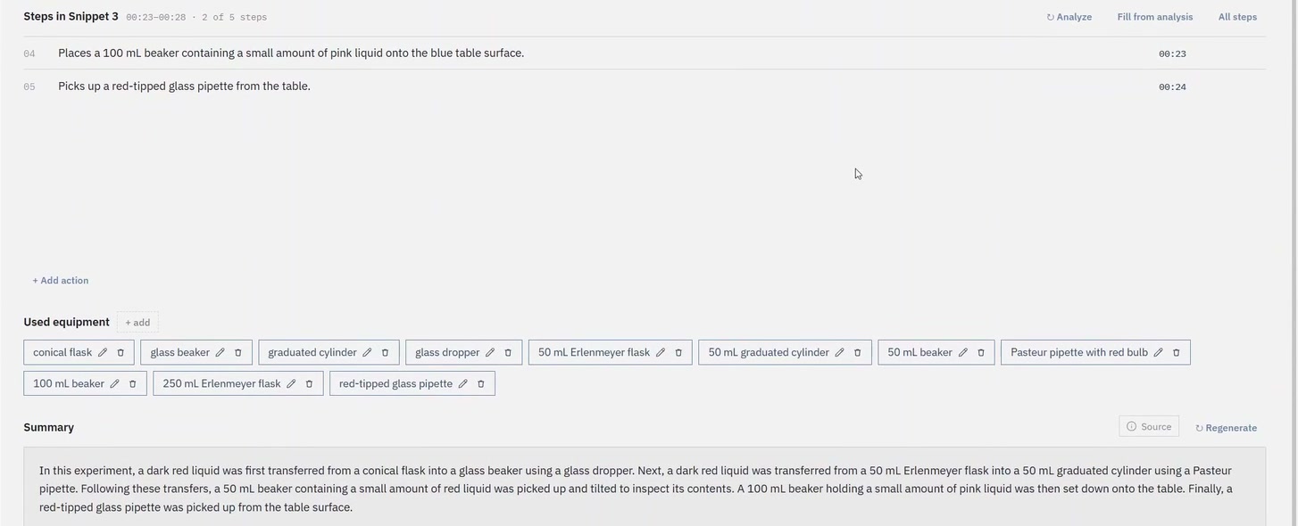 NewSol session view showing the steps of one snippet, the used equipment and a written summary of the experiment.